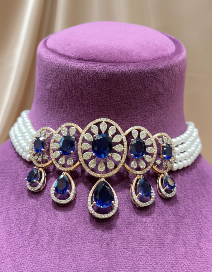 Statement Designer Diamond Rose Gold Choker With Royal Blue Stone & Pearl Tassels - Image 3