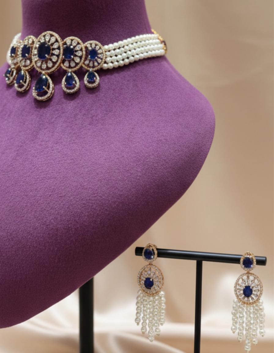 Statement Designer Diamond Rose Gold Choker With Royal Blue Stone & Pearl Tassels - Image 2
