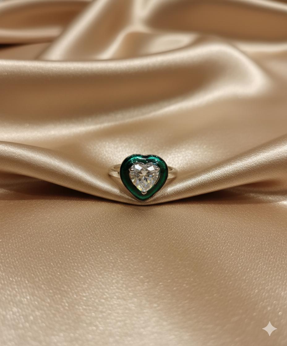 Heart Solitaire Ring With Green Enamel Border