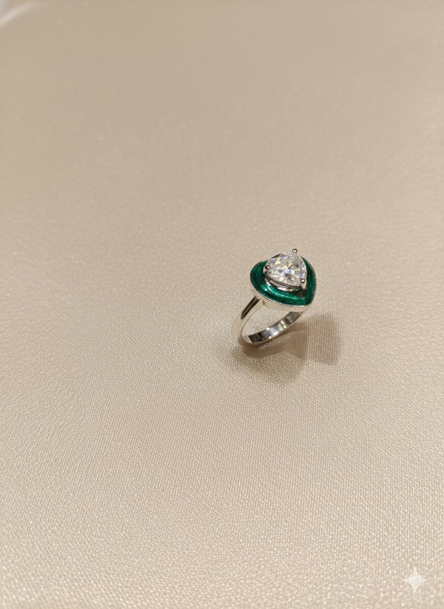  Heart Solitaire Ring With Green Enamel Border - Image 2