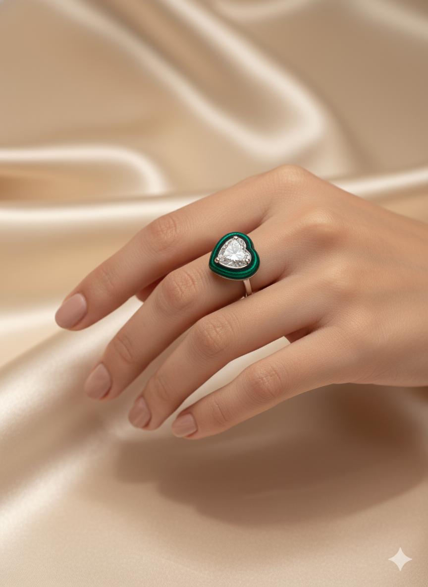  Heart Solitaire Ring With Green Enamel Border - Image 4