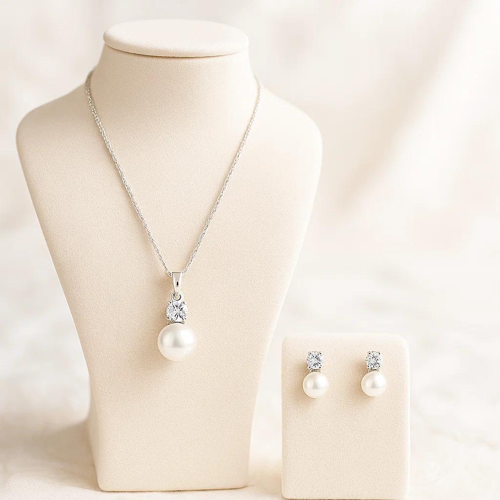 Drop Pearl Pendant Cubic Zirconia Bail Rope Chain With Earing