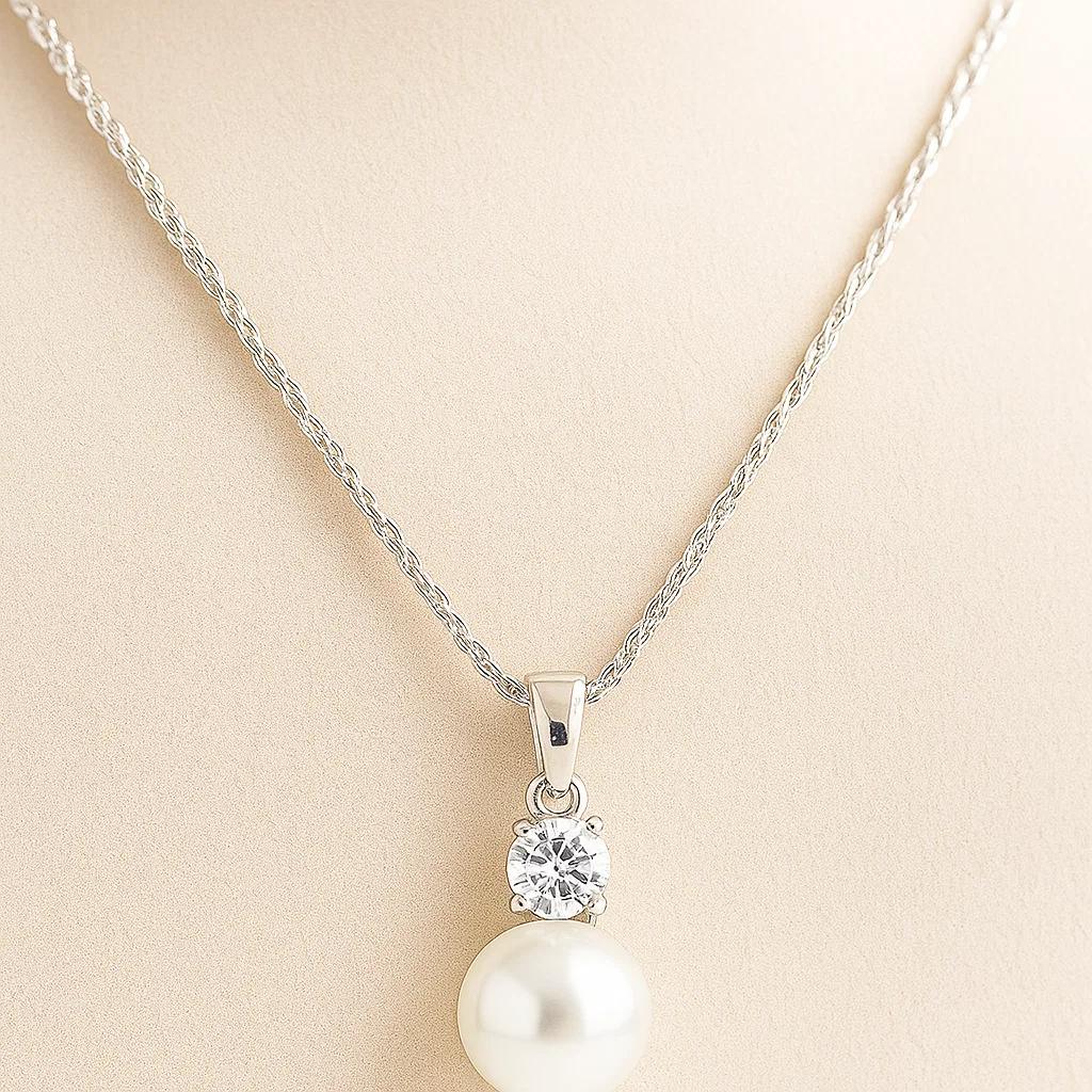 Drop Pearl Pendant Cubic Zirconia Bail Rope Chain With Earing  - Image 2