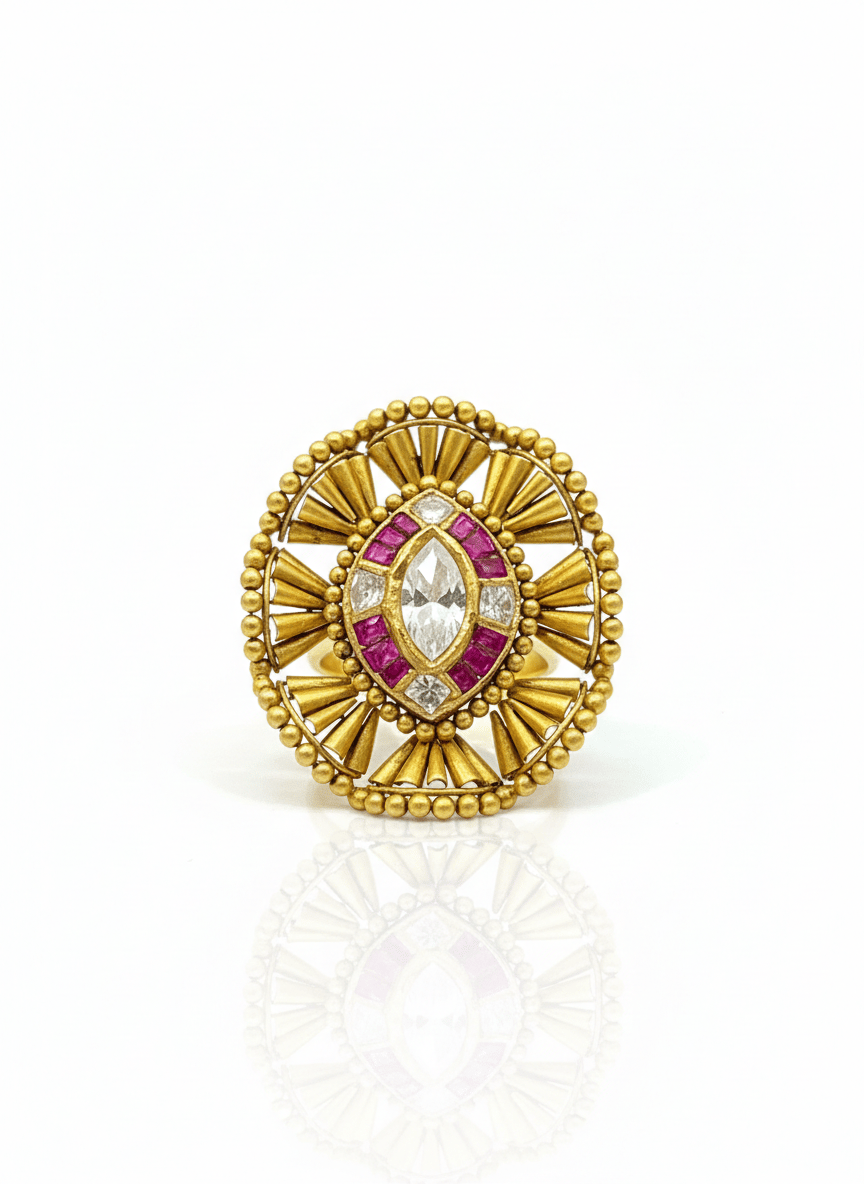 Sunburst Cocktail Ring With Marquise Kundan And Ruby-Red Accents