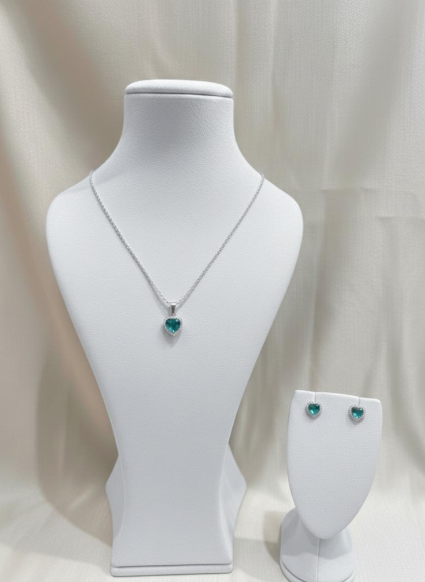 Teal Heart Pendant & Halo Stud Earrings Set