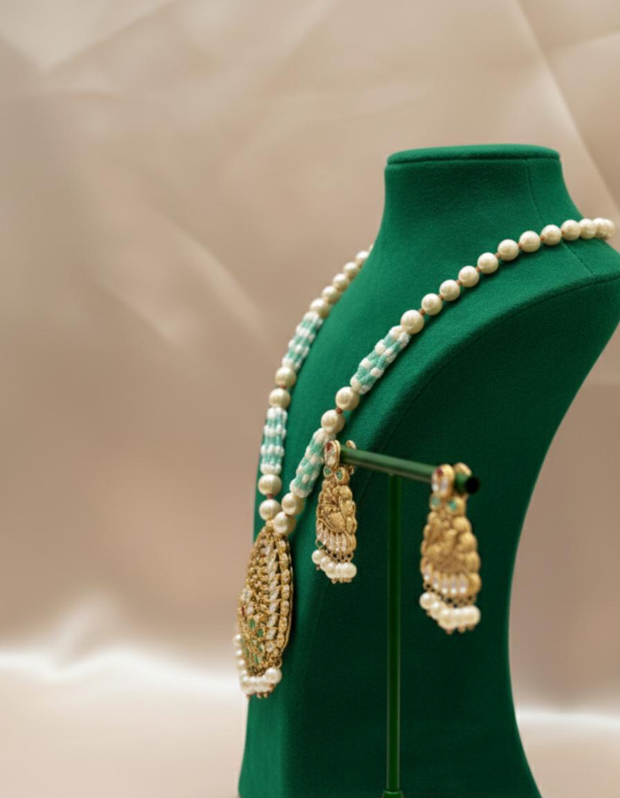 Traditional 22k Gold Peacock Temple Necklace Set With Pearls - Image 3