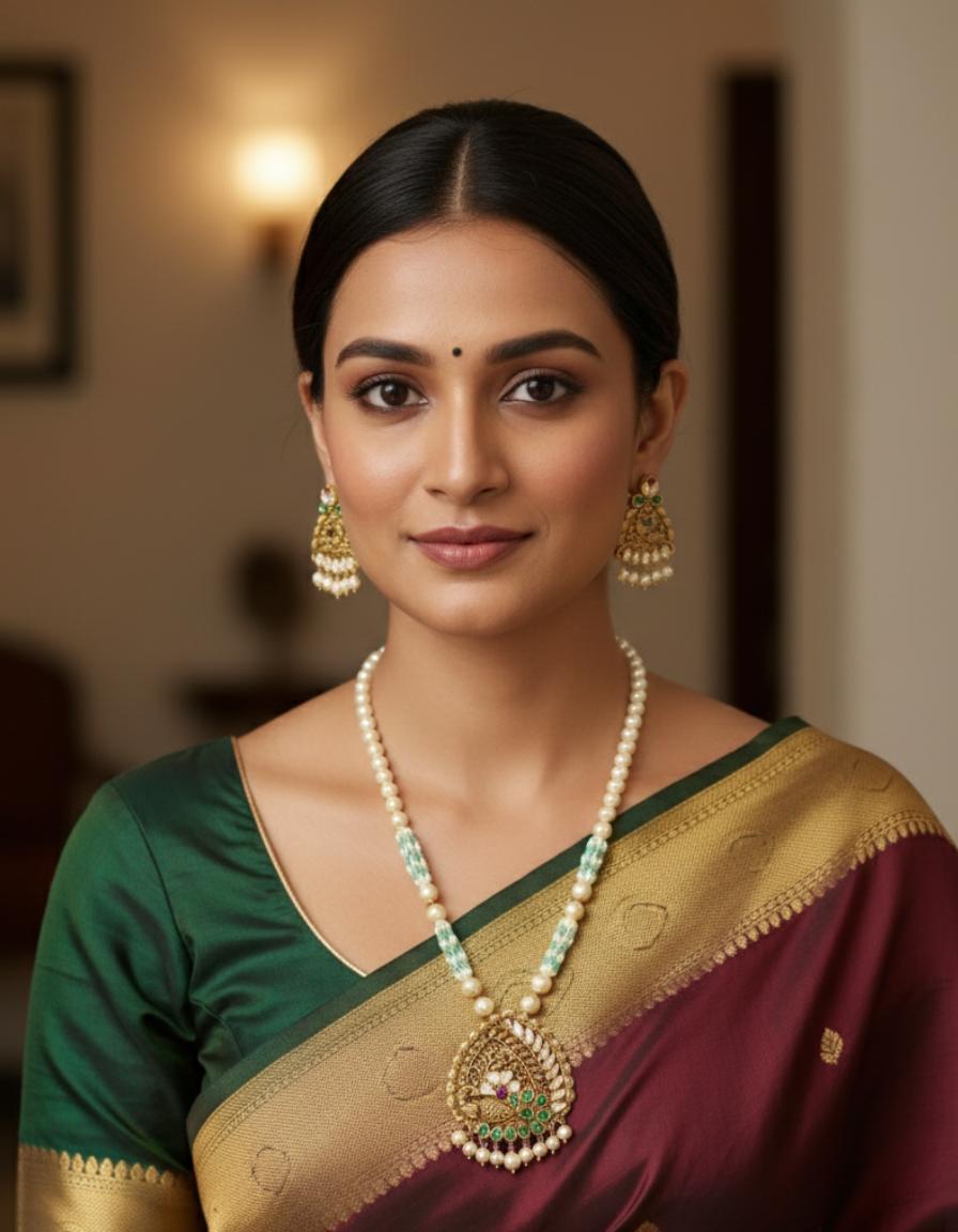 Traditional 22k Gold Peacock Temple Necklace Set With Pearls - Image 2