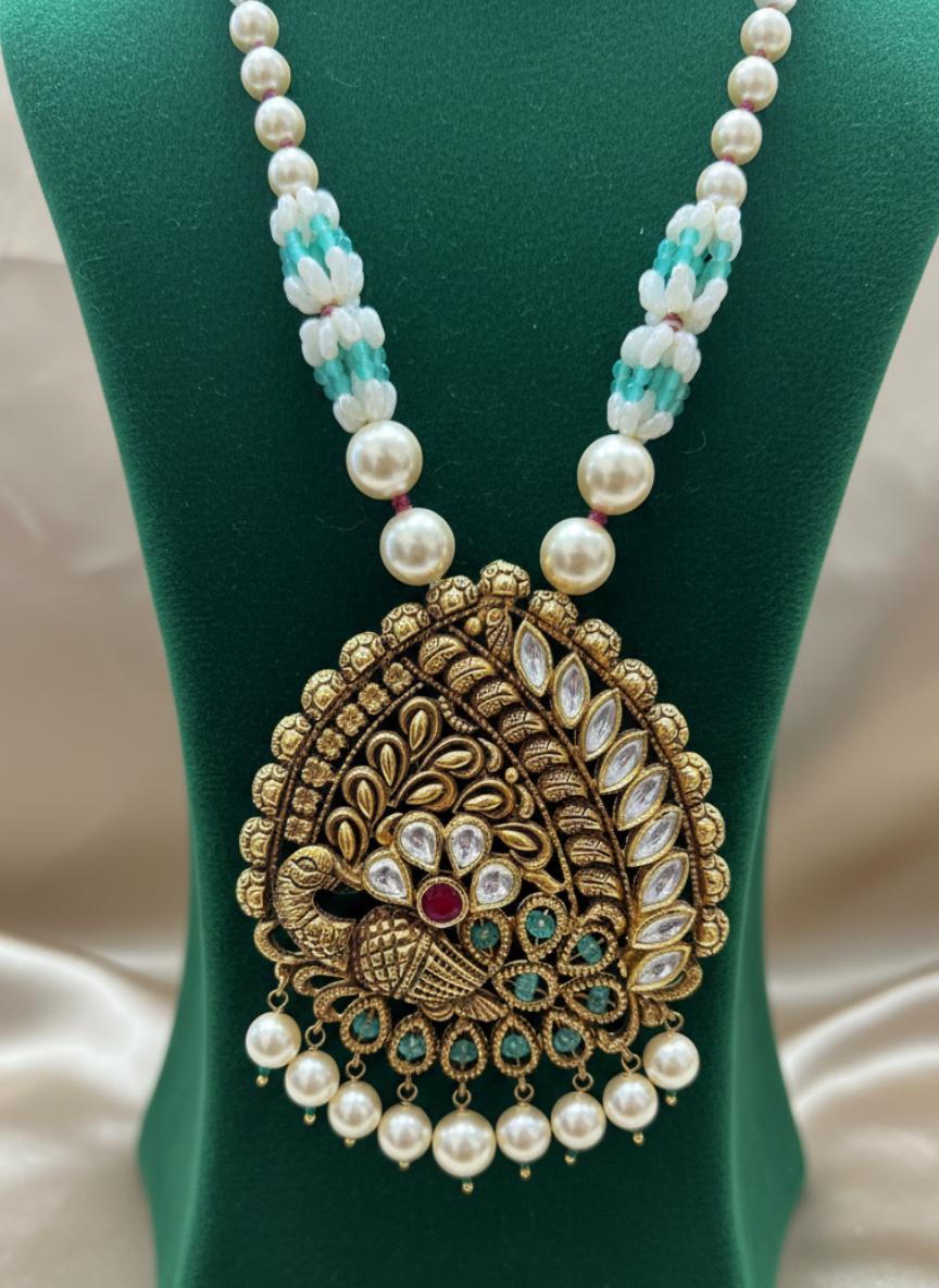 Traditional 22k Gold Peacock Temple Necklace Set With Pearls - Image 4