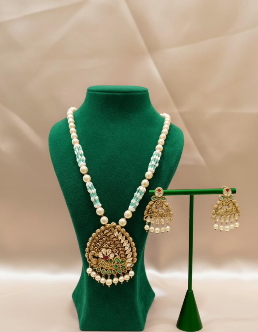 Traditional 22k Gold Peacock Temple Necklace Set With Pearls