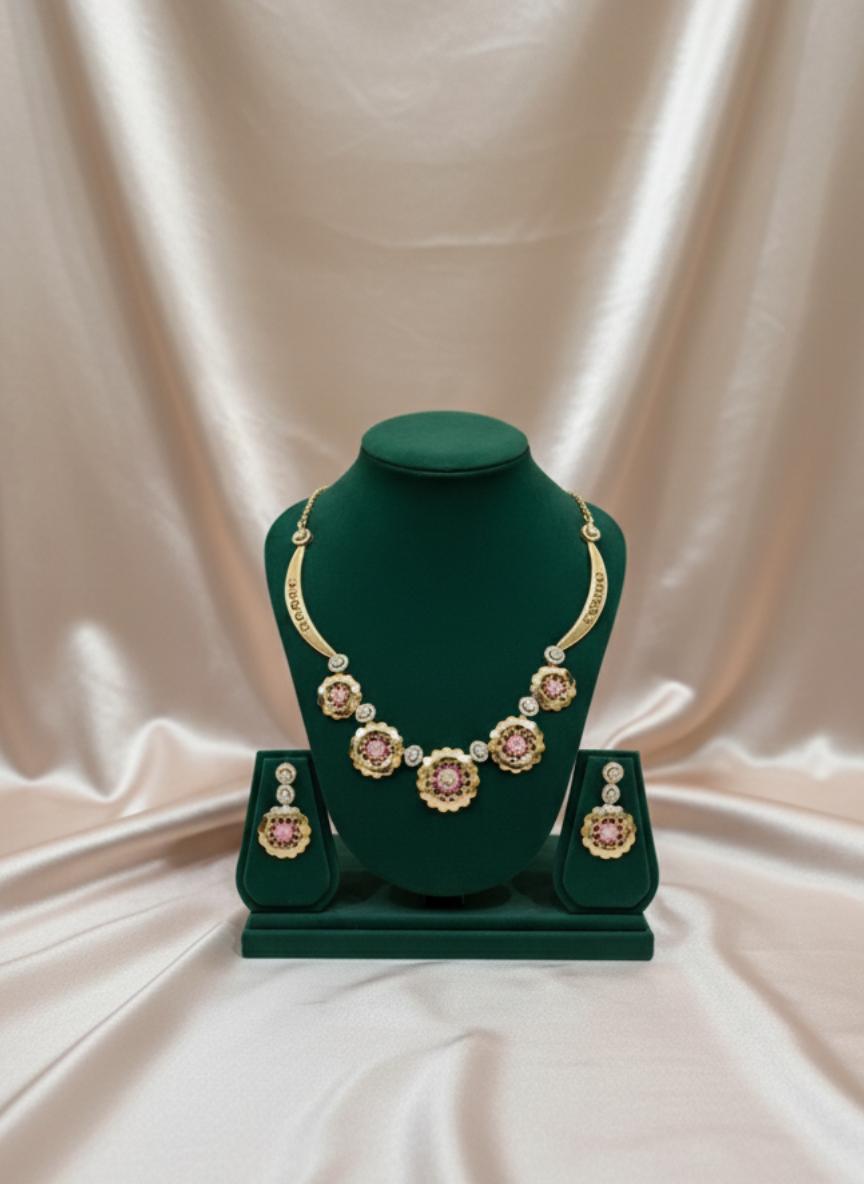 Traditional Inspired Gold Tone Cubic Zirconia Statement Necklace Set - Image 2