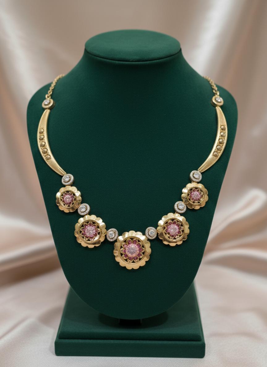 Traditional Inspired Gold Tone Cubic Zirconia Statement Necklace Set - Image 3