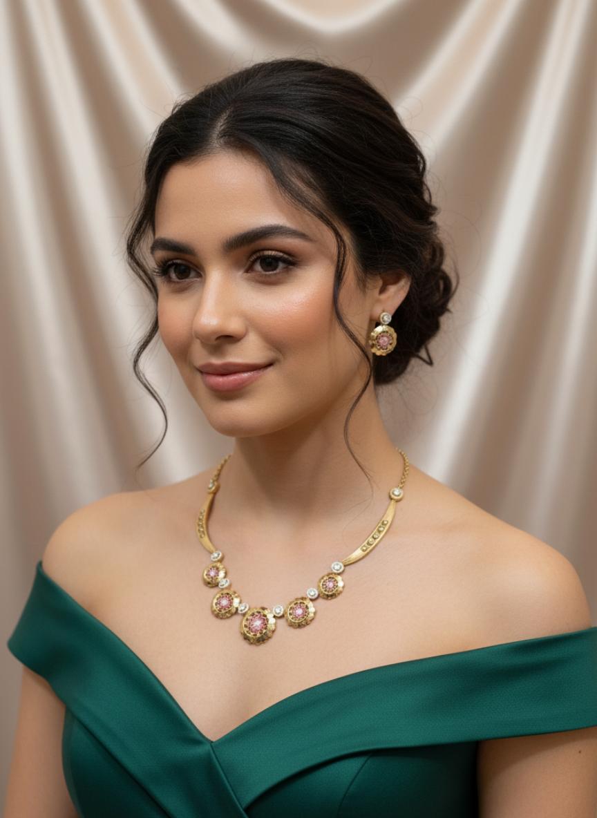 Traditional Inspired Gold Tone Cubic Zirconia Statement Necklace Set - Image 4
