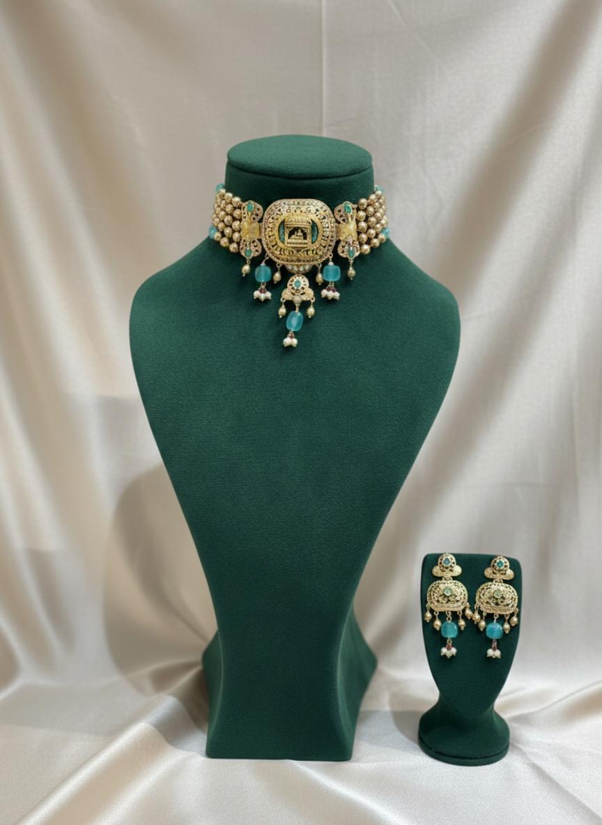 Traditional Jadau Choker Set Turquoise-Like Beads