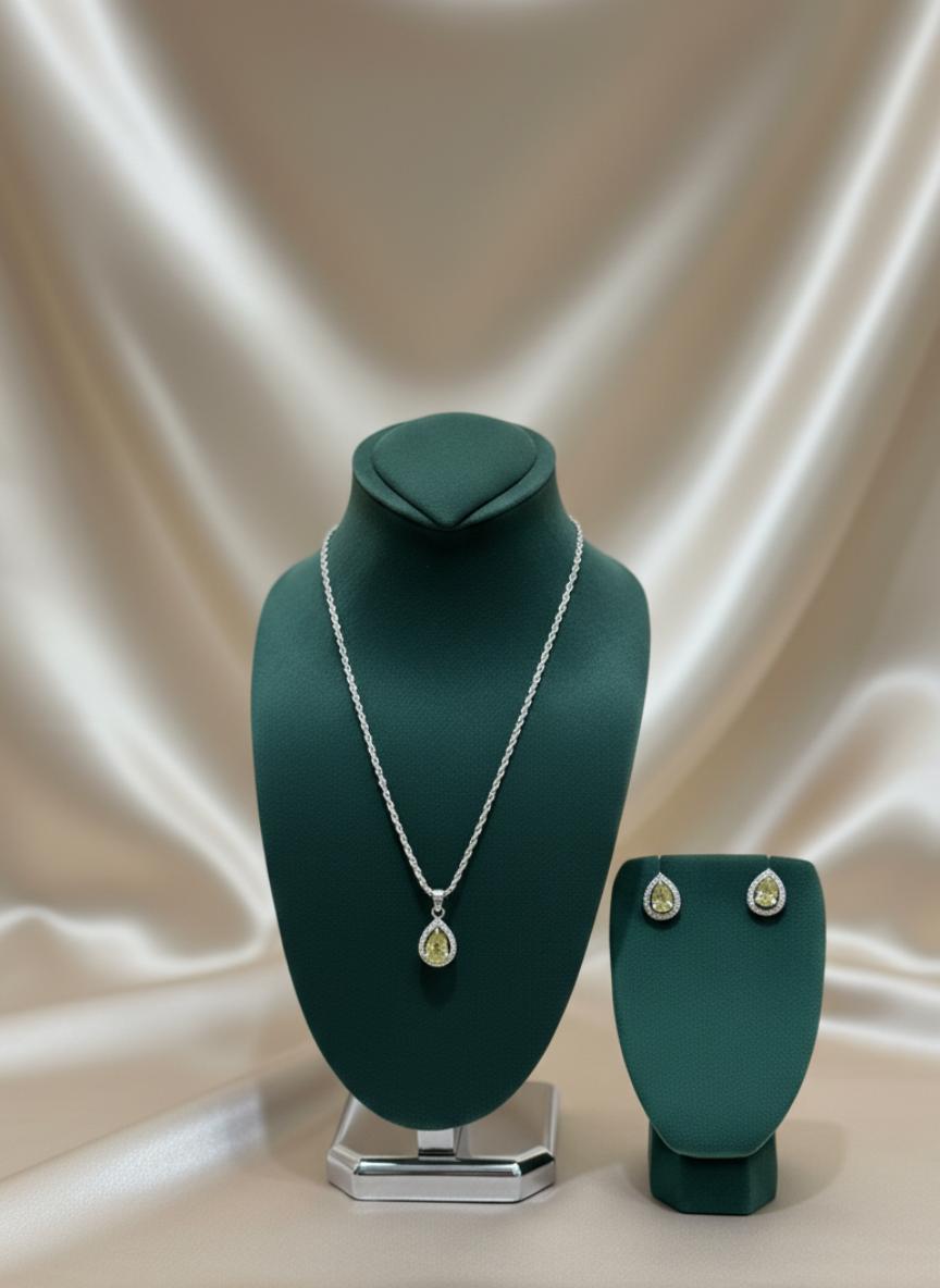 Yellow Cubic Zirconia Silver Teardrop Halo Necklace And Earrings