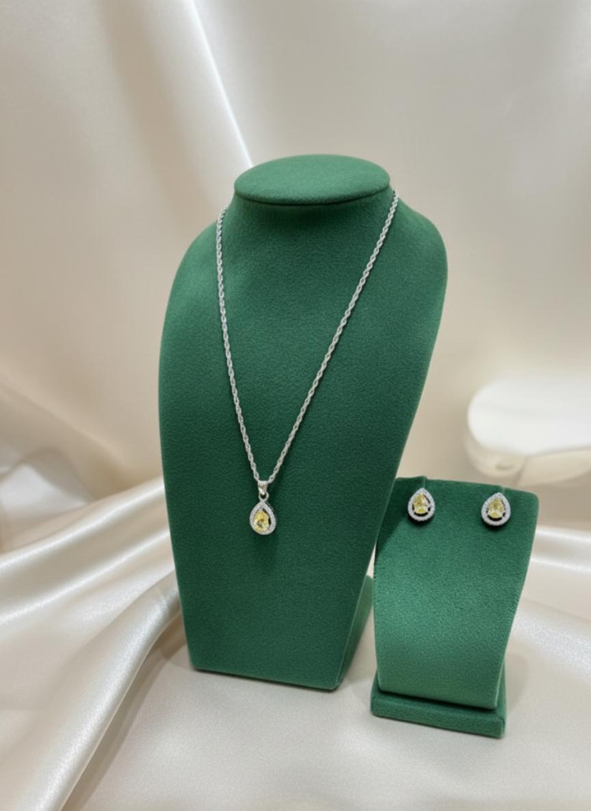 Yellow Cubic Zirconia Silver Teardrop Halo Necklace And Earrings - Image 2